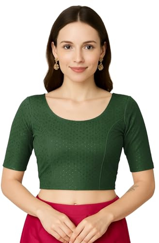 Jaanvi fashion Women's Round Neck Cotton Dobby Lycra Elbow Sleeve Readymade Saree Blouse(cotton-dobbi-blouse-bottle-green-XL)