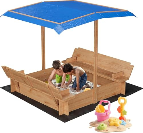 Wooden Sandbox Kids Sand Pit with Height Adjustable Canopy,Large Sand Box for Ages 3-8, Bottom Liner, with with 2 Bench Seats, For Beach, Garden, Backyard (120x120cm)
