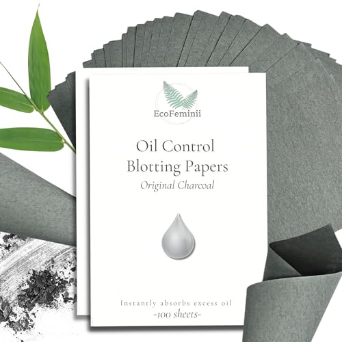 EcoFeminii Charcoal Oil Blotting Papers Large Double Pack (200 Sheets) - Max Absorbency Sheets for Face & T-Zone, Instant Matte Shine Control - 7cm x 10cm (Pack of 2)