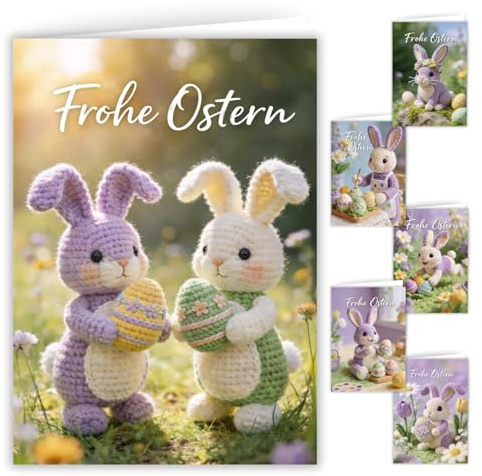 Juego de 12 tarjetas de Pascua con sobre, conejos de ganchillo, felicitaciones de Pascua, 12 unidades, en formato A6, tarjetas plegables con sobres morados, juego de tarjetas de ganchillo