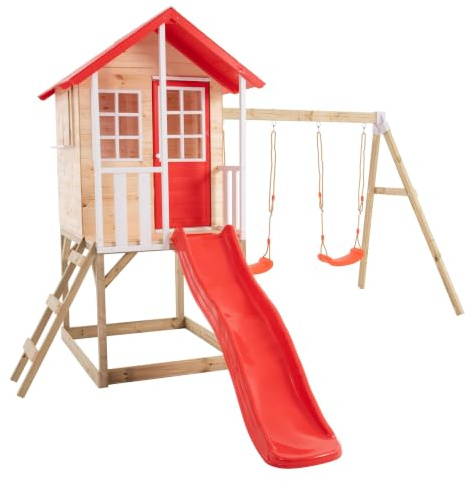 TP Toys Cabane Enfant sur Pilotis 2 Balançoires et Toboggan, Coquelicot