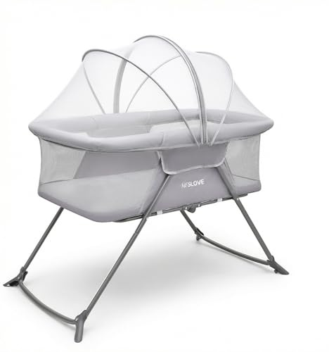 MFSLOVE Foldable Baby Crib With Mosquito Net for home or travel,Grey