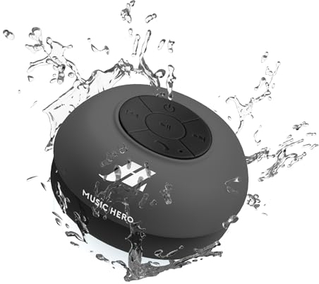 Music Hero Speaker 3W con Ventosa, Tasti per Musica e chiamate, Microfono Integrato e Vivavoce, protetto dall'acqua per utilizzo in Doccia, Bagno, Piscina e Cucina, Colore Nero