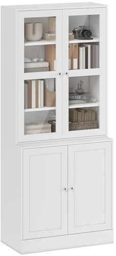 HOMCOM Modern Bookcase with Glass Doors, Display Storage Cabinet with Adjustable Shelves for Living Room, Study, Home Office, Kitchen Cupboard with Small Open Counter, White