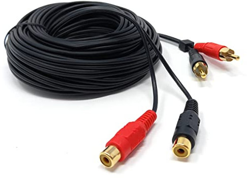DRUT 10m Twin 2 x RCA to RCA Phono Audio Extension Lead Male to Female Cable 33ft, Black Gold Connectors