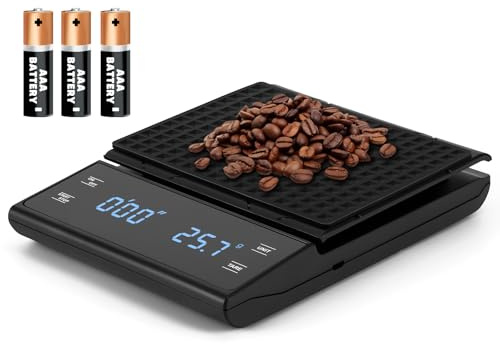 Viitech Báscula de café digital con temporizador hasta 3 kg/0,1 g funciona con pilas, con pantalla táctil LED, báscula de cocina multifunción, báscula digital fina para alimentos (pilas no incluidas)