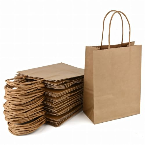 MAOOY Papiertüten mit Henkel 50Stück Kleine GeschenktütenPapiertaschenBraun15 X 8 X 21 Cm KraftpapiertütenPapiersackerlPapiertragetaschen für EinkaufstüteSüßigkeitenHochzeitGeburtstagpartyWeihnachten