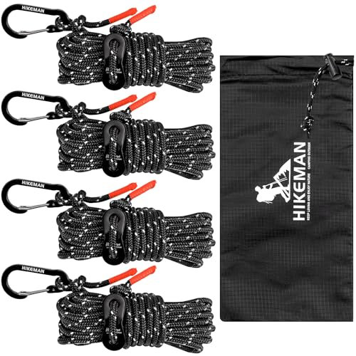 HIKEMAN Reflective Tent Guy Ropes - 4M Camping Guide Ropes,4mm Tent Guide Lines Cord with Aluminum Tensioners Adjuster for Outdoor Camping Hiking Caravan Awning Tents (Black, 4mm)