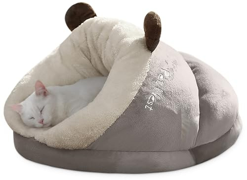 ALLSOPETS Cama Cueva para Gatos y Perros Pequeños, Cama Cálida de Peluche Suave para Invierno, Casa Interior para Mascotas con Fondo Antideslizante (Gris Acogedor, M)