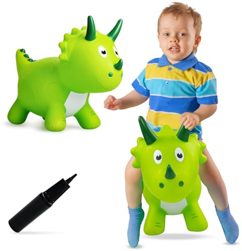 VangeBow Dinosaur Bouncy Animal for Toddlers 3+, Ride On Dinosaur Hopper Toys for 3+ Year Old Girl Boy Kid First Birthday Gift, Outdoor Indoor Triceratops Hopping Horse Bouncer (Pump Included)