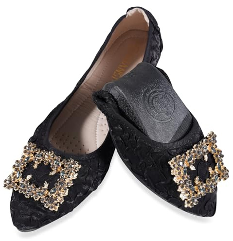 YOUNIFIZ Women's Ballet Flats Soft Pointed Toe Fashion Buckle Wedding Shoes Foldable Sparkly Comfort Slip on Ballerina Walking Flats Pumps (Black,Size 4)