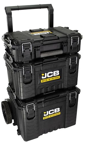 JCB Site System, 3-Piece Modular Tool Box, Rolling Tool Storage Organiser, Heavy-duty 9’’ Wheel Trolley