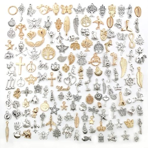 150-Teiliges MetallanhäNger-Set, Charm-Armband-AnhäNger-Set, Ohrring-KettenanhäNger FüR Schmuck, Kunsthandwerk, Mix Aus AnhäNgerkette Und Vintage-äSthetischem Armband, Halskette, Antiksilber/Gold
