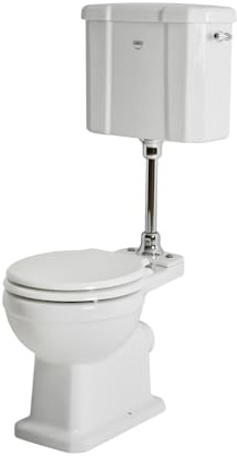 MILANO Low Level Cistern Toilet White Wood Seat Chrome Flush Kit | Ceramic Construction. Engineered Wood Seat. Traditional Style. Floorstanding Design. Chrome Flush Kit.