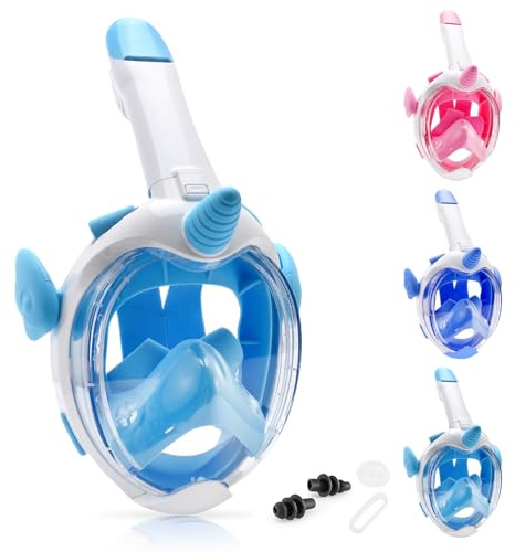 Aischens Schnorchelmaske Kinder, Tauchmaske Vollgesichtsmaske für Kinder 4-12 Jahre, 180° HD Anti-Beschlag Anti-Leck, Vollmaske Taucherbrille Tauchermaske, Snorkeling Mask Wasserspielzeug (Hellblau)