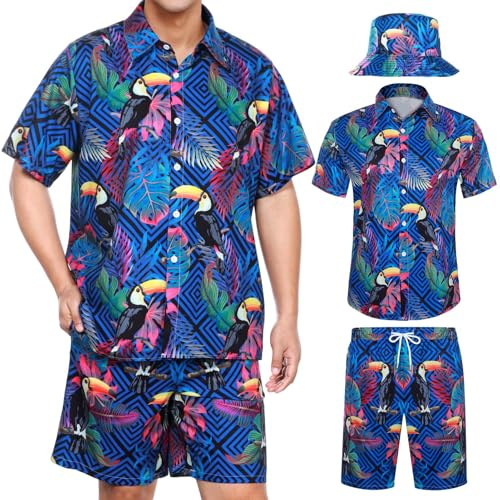 Joyesplay Hawaiian Shirt and Shorts Set for Men 3 Pcs,Funny Men's Beach Flamingo Print Shirts Set with Hat for Tropical Beach Holiday Shirts