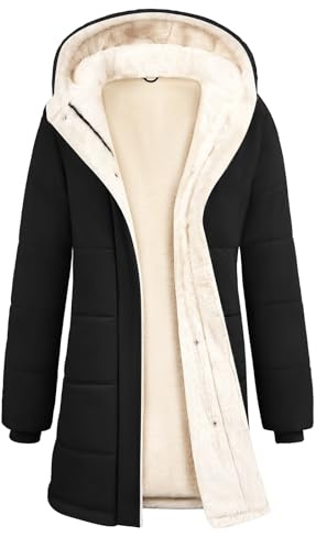CMTOP Giacca Invernale Donna Foderati in Pile Caldo Lungo Cappotto Impermeabile Antivento Trapuntata Giubbotto Casual Elegante Parka Classico Giaccone con Cappuccio, Zip e Tasche(Nero,M)