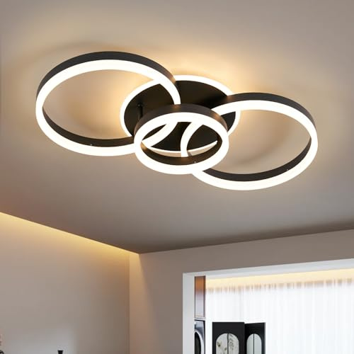Amdelne Deckenleuchte Dimmbar mit Fernbedienung 65cm | 50W Moderne 3 Ring-Design LED Deckenlampe für Wohnzimmer Schlafzimmer Küche | Nachtlicht, Memory-Funktion - Schwarz