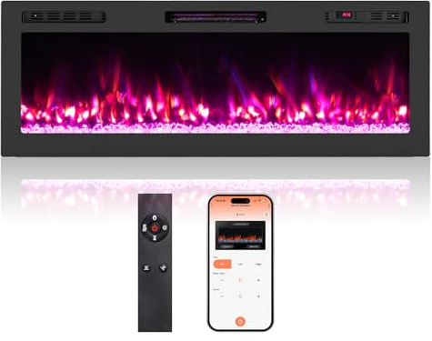 GOPLUS Cheminée Electrique avec Effet Flamme, 750W/1500W avec Écran LED, Fausse Cheminée avec 12 Couleurs de Flammes, Minuterie 12 H, Télécommande & APP, Montage Mural/Encastré, Idéal pour Salon