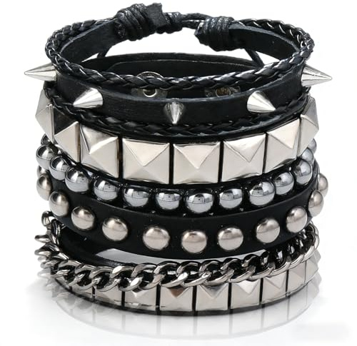 Koprek 4Pcs Gothic Punk Leather Studded Bracelets with Studs & Spikes, Adjustable Rock Cuff Grunge Accessories for Men & Women, Suitable for Halloween, Concerts, 80s Theme Party, Daily Wear and Gift