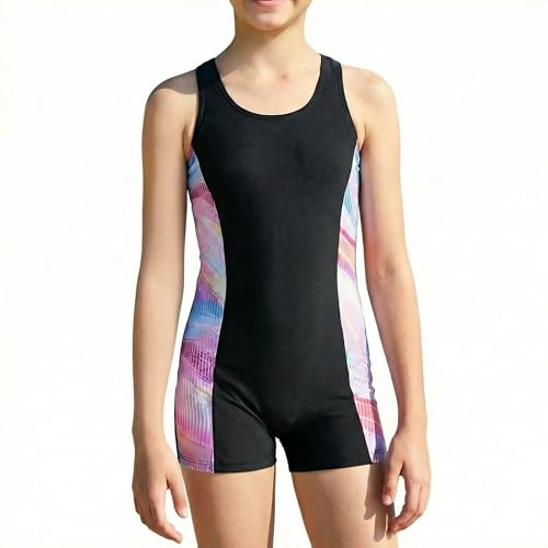 Girls Swimming Costume Kids One Piece Swimsuit, Black Swimming Costume Girls, Stretchy Girls Rash Vest, Swimming Suit for Girl Teen, Quick Dry Swimwear for Swim (UK, Age, 12 Years, Regular, Black)