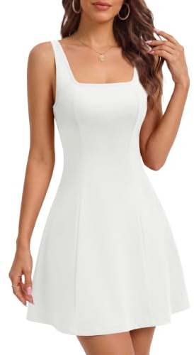 DRESSTELLS Women's Square Neck Casual Mini Dress Adjustable Straps Fit and Flare Prom Cocktail Short Graduation Dresses White M