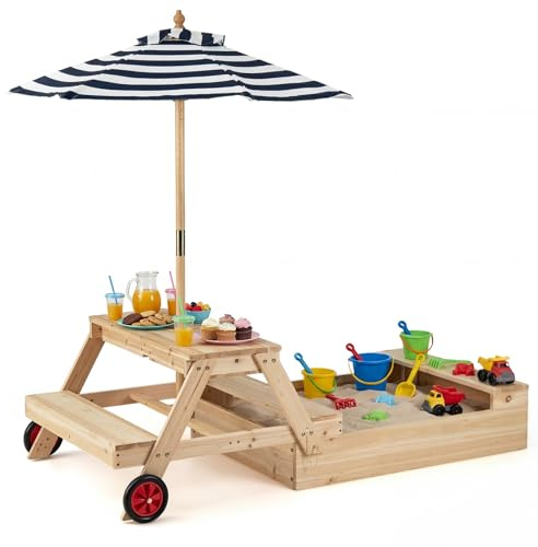 COSTWAY 3 in 1 Sabbiera in Legno, Tavolo da Picnic per Bambini Trasformabile con Panche, Ombrellone Rimovibile e Ruote, Set da Gioco per Bambini 3-5 Anni, per Esterno e Giardino