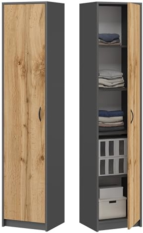 BDW - Armoire étroite - Armoire à vêtements de 50 cm de Largeur et 180,5 cm de Hauteur - Armoire de Rangement à 1 Porte, Armoire Polyvalente pour Chambre à Coucher - Lola Anthracite/Chêne Wotan
