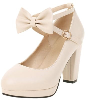 Mujer Punta Redonda Stylish Novia Tacón Chunky Pump con Correa en el Tobillo Correas Planas Dirndl Zapatos de Novia Cerrados con Plataforma Mary Jane Correa de Tobillo Elegante, beige, 41 EU