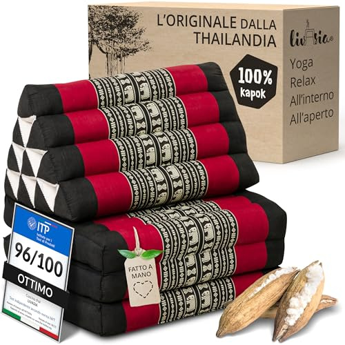 LivAsia® - Cuscino tailandese con 3 cuscinoni e 1 cuscino triangolare Kapok, cuscino asiatico per seduta, tappetino per sdraio, tappetino tailandese, Schwarz / Elefanten, 170cm (Länge) x 55cm (Breite) x 8cm (Höhe