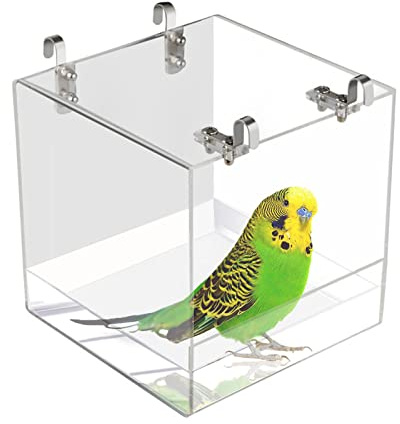Xxmbbjy Hanging Cube Bird Bath Cage, Transparent Bird Bathtub Bath Shower with Stainless Steel Hooks for Small Bird Canary Parakeet Budgerigar Parrots Crested Myna Cockatiel Lovebird (Small)