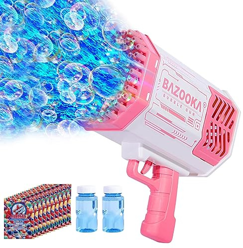 Bubble Machine Gun, 69 Holes Bubble Gun with Lights, Pink Outdoor Summer Beach Kids Bubbles Toys Birthday Wedding Party Halloween Fun for Girls Boys