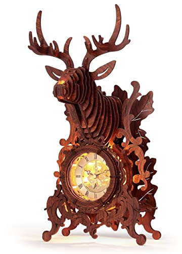 FUNPOLA LED 3D Holzpuzzle Hirschuhr, 3D Puzzle Elchuhr Gebäudemodell, Wohnkultur 3D Puzzle für Erwachsene/Jugendliche (Holz, gelbes Licht)