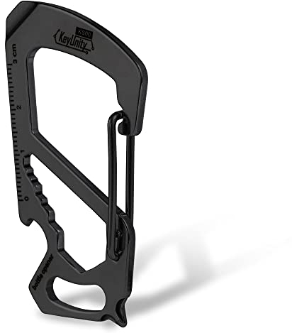 KeyUnity KS00BK Mosquetón Clip Multiherramienta Acero Inoxidable 7 Herramientas en 1 | Cierre de liberación rápida | Llave | Destornillador Philips | Abrebotellas | Gobernante | Llavero (PVD Negro)