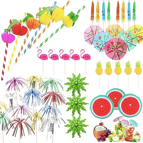 120P Cocktail Umbrellas Accessories for Drinks,Cocktail Glasses,CocktailParasols and Disco Straws for Tropical Party,Cocktail Decorations for Drinks,Beach,Summer,Music Festival,Cocktail Themed Party