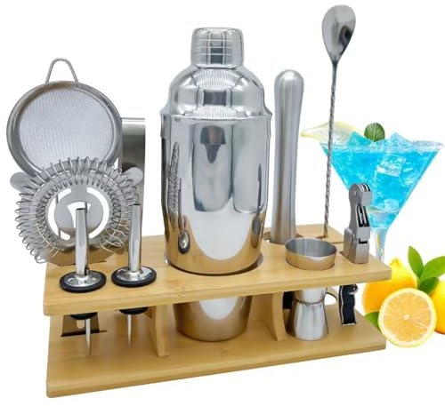 OBALY Bartender Kit 11-Piezas Coctelera-Mezclador para Cócteles 25oz Boston Shaker-Accesorios de Bar con Elegante Soporte de Bambú Kit Mezclador de Bebidas Kit Martini…
