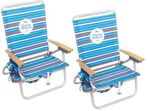 Tommy Bahama 2-Pack 4-Position Extended 12.8 seat Height Easy in-Easy Out Folding Backpack Beach Chair, Logo Stripe