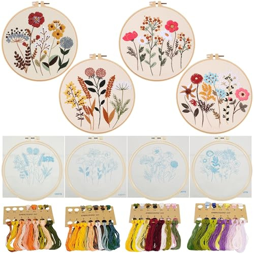 Allazone 4 Pz Kit Bordado Principiantes, Kit de Inicio de Bordado, Beginner Kit de Bordado con Patrón de Costura Floral de Plantas y Descripción, para Principiantes y Aficionados