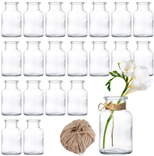 LOPYXBR 20PCS Small Vases for Flowers 10.5CM High Clear Glass Bud Vase, Small Vase for Table Decoration, 125ML Glass Vases Smaller with Jute Twine for Centerpieces, Wedding, Home