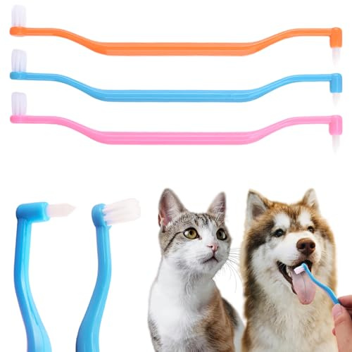 3 Pcs Dual Sided Cats Dogs Toothbrushes, Kitten Doggy Toothbrush Pet Teeth Cleaning Brush with Round & Point Brush, Head Curved Handle, Soft Bristle Puppy Dental Care Supplies