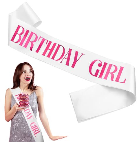 Psyqtsuary Geburtstag Schärpe 'Birthday Girl' Sash mit rosa Folie lustige Geburtstagsgeschenke, weiche weiße Satinschärpe für Frauen, Geburtstagsschärpe für Mädchen, Geburtstagsschärpe für Mädchen