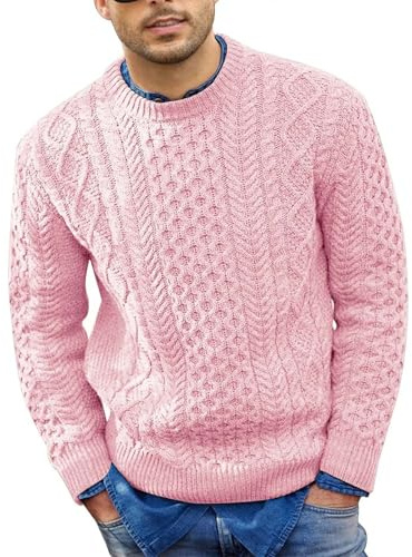 VYLYNL Mens Knitted Jumper, Cable Knit Sweater, Round Neck Knitted Pullover, Thick Knitwear Long Sleeve Thermal Fisherman Jumper Casual Work Jumpers Tops Autumn Winter Warm Solid Color Jumpers Pink