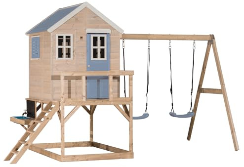 Wendi Toys casetta con e doppia altalena per bambini da esterno e cucina gioco da giardino, casa in legno FSC, 192×405×242 cm, piattaforma 90 cm, con sabbiera e torre da arrampicata, blu - M27PB-K