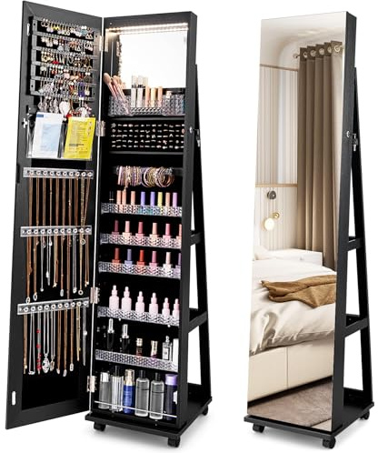 COSTWAY Armario para Joyas, Espejo Joyero de Pie con Cerradura, Organizador de Joyas con Espejo de Maquillaje Incorporado, Luces LED de 3 Colores,Estantes Ajustables y Ruedas Universales (Negro)