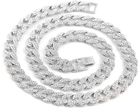 18-28 tums länkkedja halsband för män 15 MM, guldpläterad kantsten med vit CubZirconia