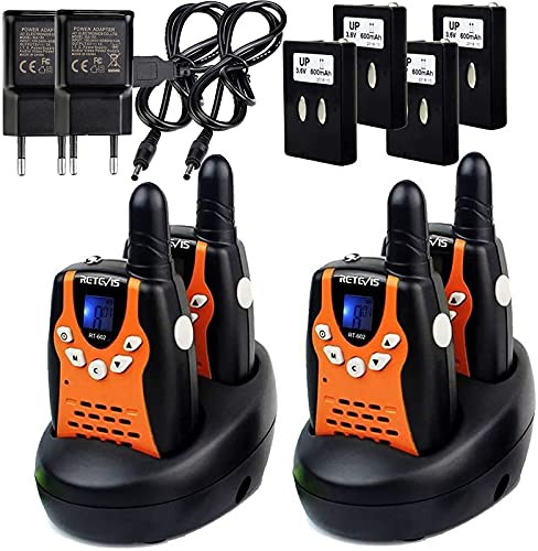 Retevis RT602 Walkie Talkie Kinder, Aufladbar 4er, Große Reichweite Funkgeräte 8 Kanäle Taschenlampe,mit Batterien und Ladegerät, Spielzeuggeschenk Ostern für Familienausfluger(2 Paare, Orange)