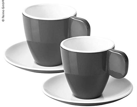 Camp4 9329930933 - Juego de 2 Tazas Desayuno y 2 Platillos (Melamina), Color Gris y Blanco