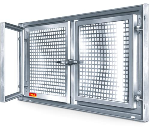 MEALIT: Fenster aus verzinktem Stahl, Doppelflügel + festes Mittelstück, Breite 79 cm, Höhe 59 cm, Entriegelungsschloss, PVC-Griff + Verankerungslaschen, einbruchhemmend
