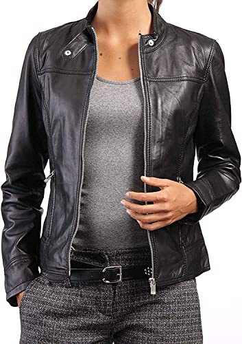 Giacca da motociclista asimmetrica in vera pelle di agnello da donna | Giacca in pelle da motociclista classica | Giacca in pelle da moto slim fit Nero XS corto