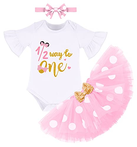 Infant Baby Girls 1/2 Way To One Half Birthday Outfit Bell Short Sleeve Cotton Romper +Polka Dots Tulle Tutu Skirt+Bowknot Headband 3pcs Set Summer Princess Cake Smash Dress White+Pink 6 Months